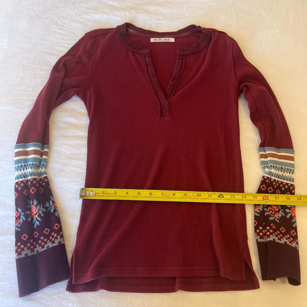 We The Free Burgundy Long Sleeve Top with Patterned Sleeves - Picture 6 of 8